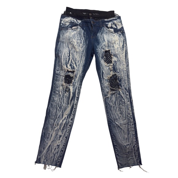 VIP Jeans Denim - VIP Jeans Blue Acid Wash Distressed Fishnet Waistband 32" Women Grunge Stretch